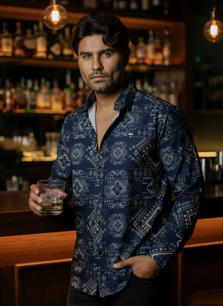 CAMISA HOMBRE SLIM FIT, AZUL MARINO DETALLES AZUL BLANCO BEIGE