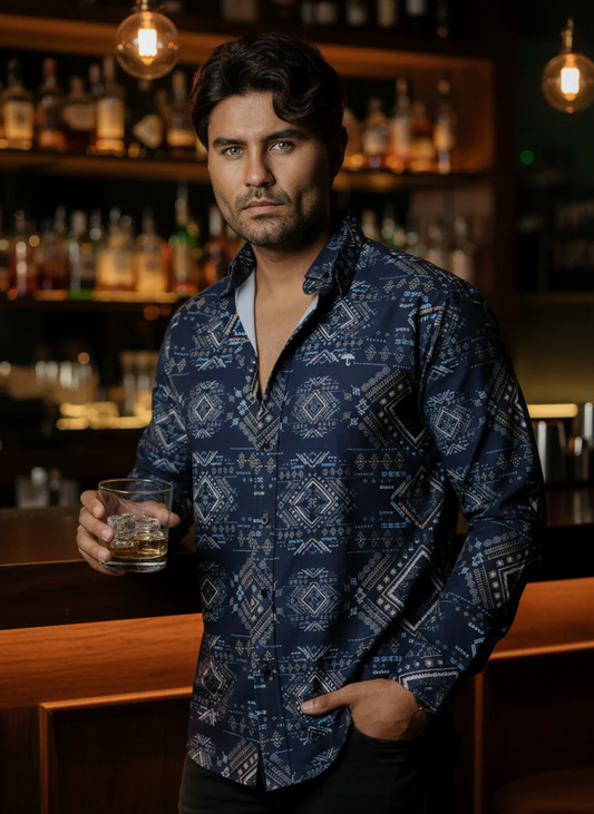 CAMISA HOMBRE SLIM FIT, AZUL MARINO DETALLES AZUL BLANCO BEIGE