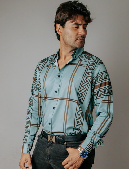 CAMISA HOMBRE SLIM FIT, VERDE PISTACHE GRECAS CAFÉ