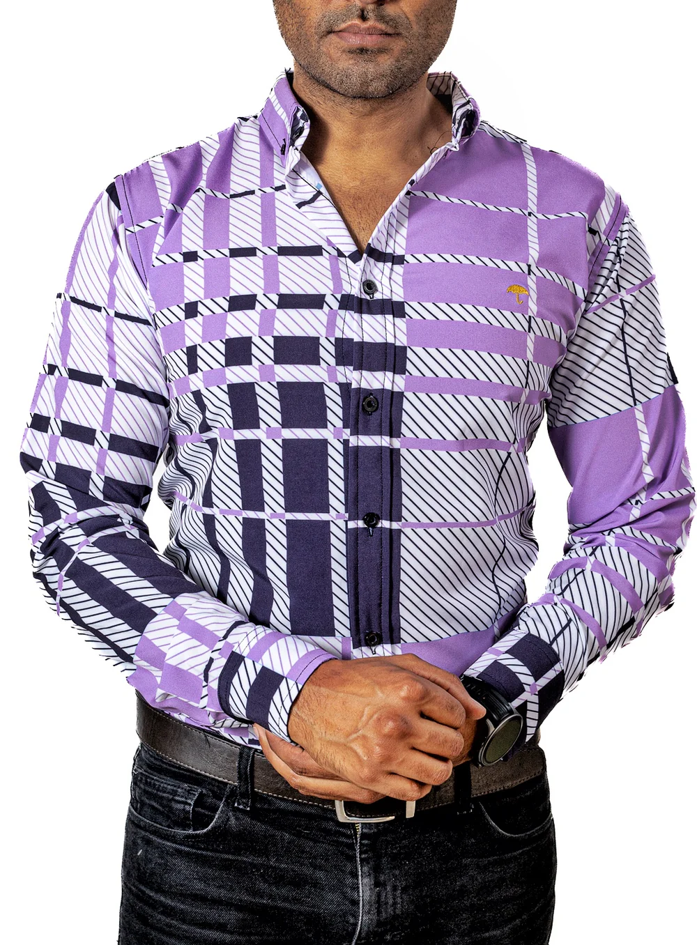 CAMISA HOMBRE CASUAL CUADROS MORADOS, BLANCOS, NEGROS