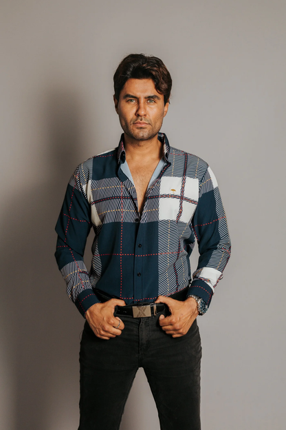 CAMISA HOMBRE SLIM FIT, CUADROS AZUL BEIGE LÍNEAS ROJO MORADO