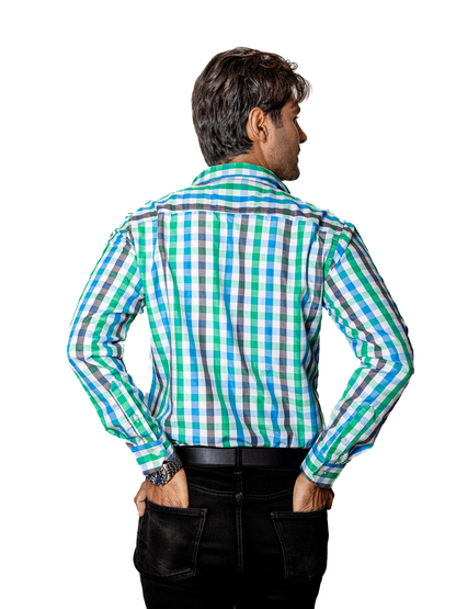 CAMISA CASUAL HOMBRE, FRANJAS VERDE, GRIS Y AZUL