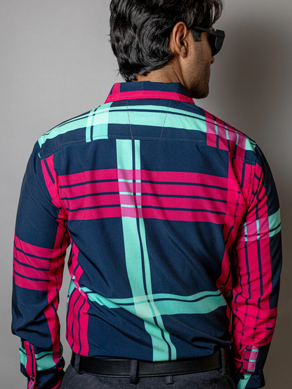 CAMISA CASUAL HOMBRE,AZUL MARINO LÍNEAS ROSA Y AZUL TURQUESA