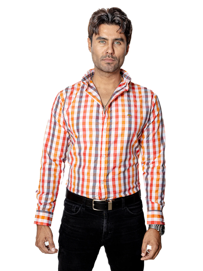 CAMISA CASUAL HOMBRE, FRANJAS, MELÓN, CORAL Y GRIS