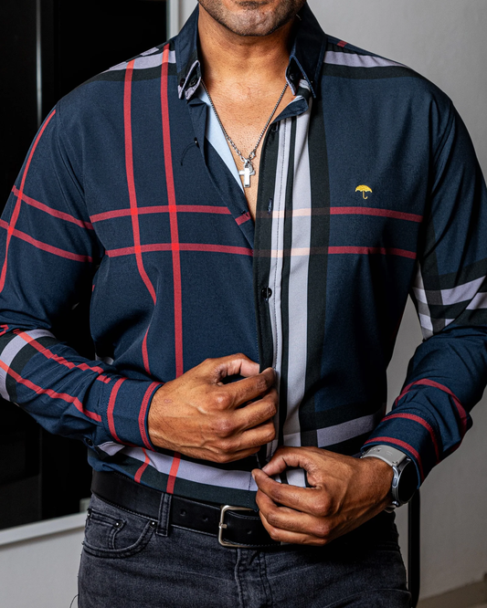 CAMISA CASUAL HOMBRE SLIM, AZUL LÍNEAS ROJA, NEGRA Y GRIS