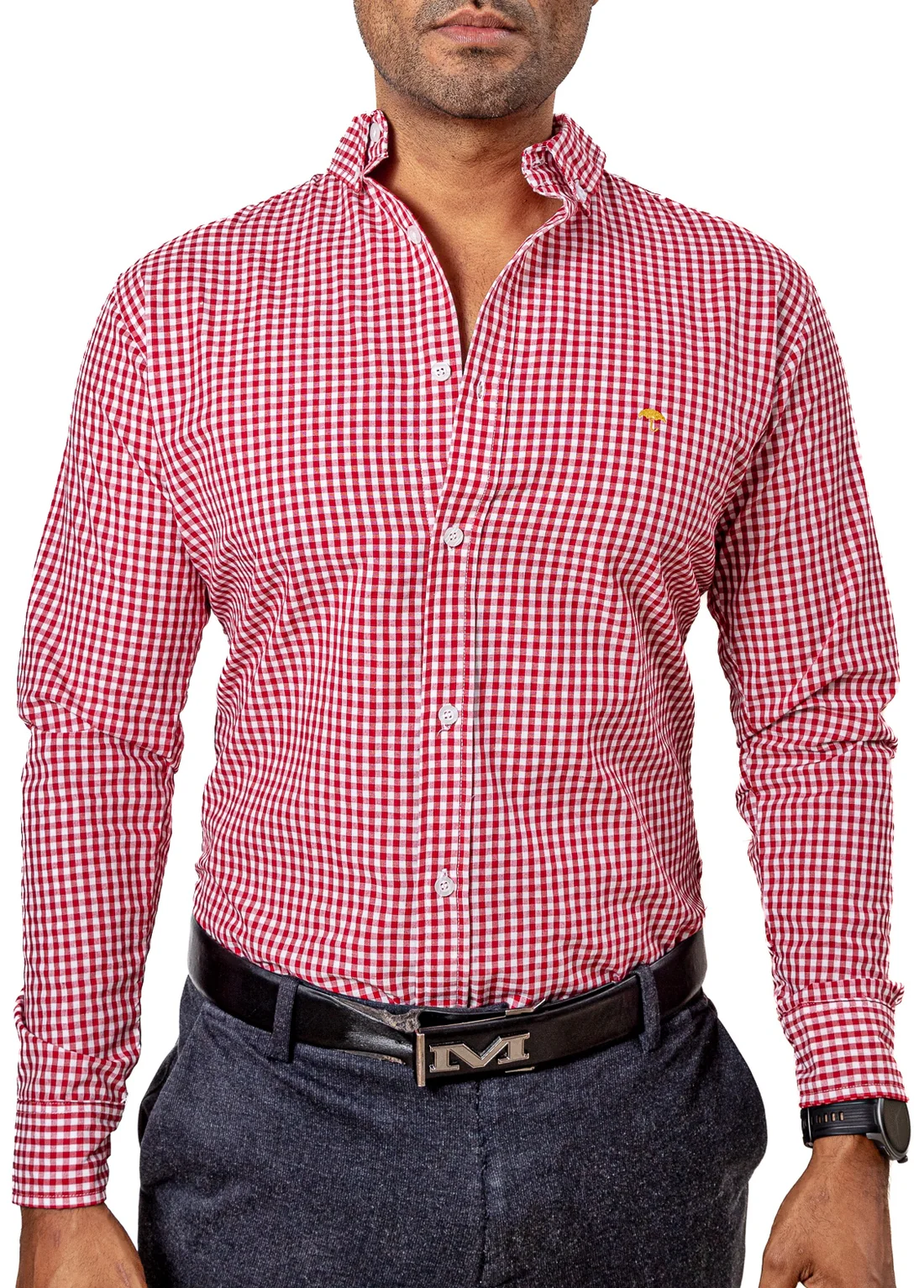 CAMISA HOMBRE CASUAL SLIM FIT MINI CUADROS BLANCOS, ROJOS