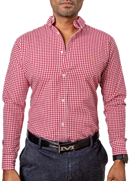 CAMISA HOMBRE CASUAL SLIM FIT MINI CUADROS BLANCOS, ROJOS