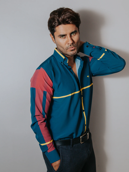 CAMISA HOMBRE SLIM FIT, AZUL FRANJA VINO Y LÍNEA AMARILLA