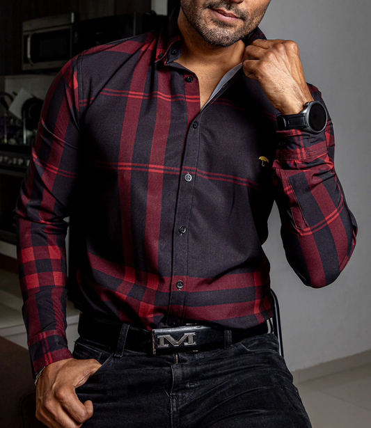 CAMISA HOMBRE CASUAL NEGRO RAYAS ROJAS