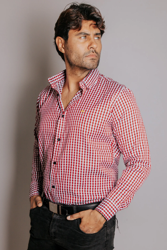 CAMISA HOMBRE SLIM FIT, CUADROS ROJO Y BLANCO