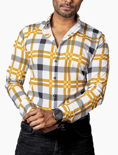 CAMISA HOMBRE CASUAL BLANCA RAYAS AMARILLAS, NEGRAS