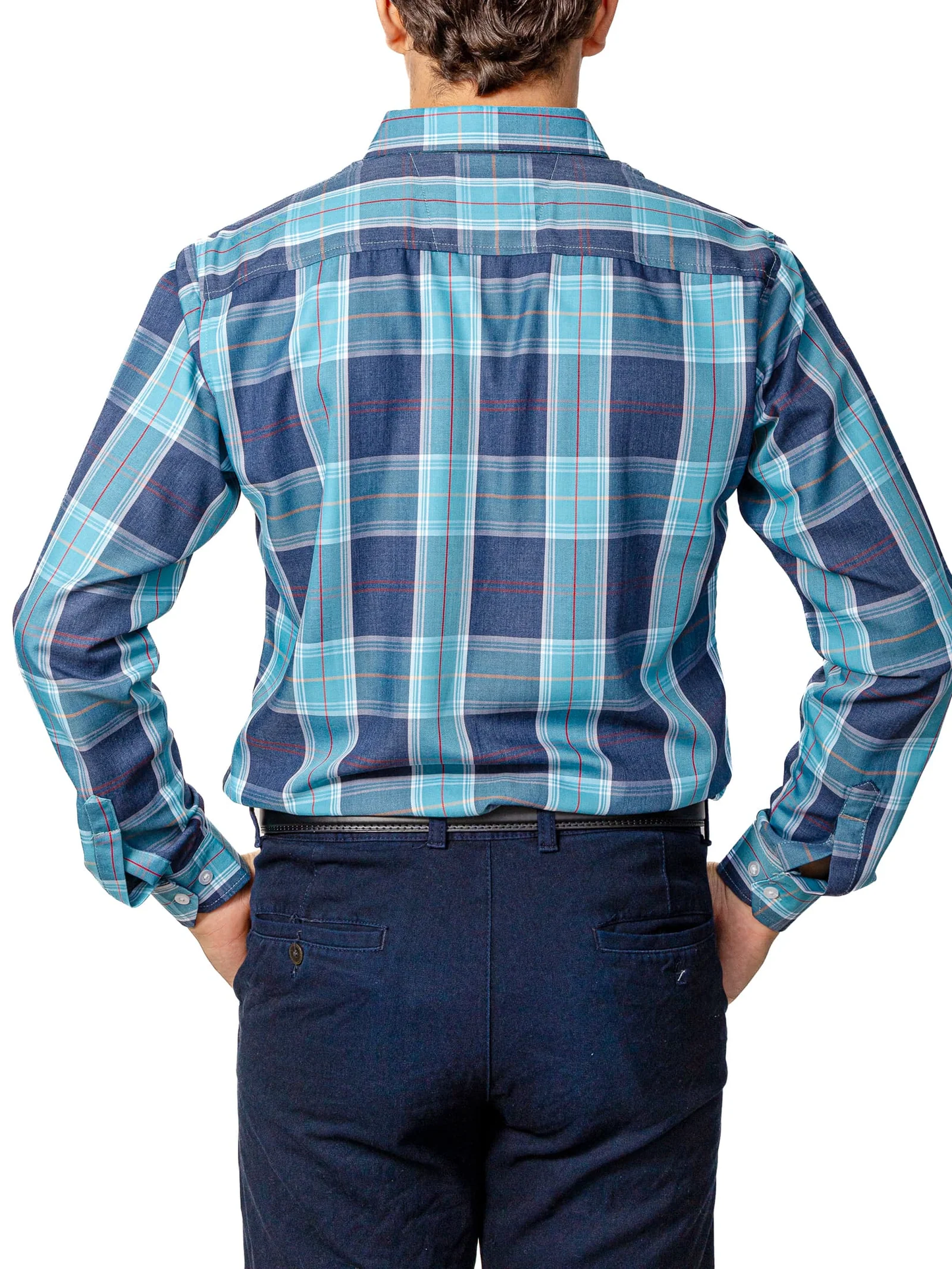 CAMISA CASUAL HOMBRE,CUADROS AZUL TURQUESA LINEA ROJA