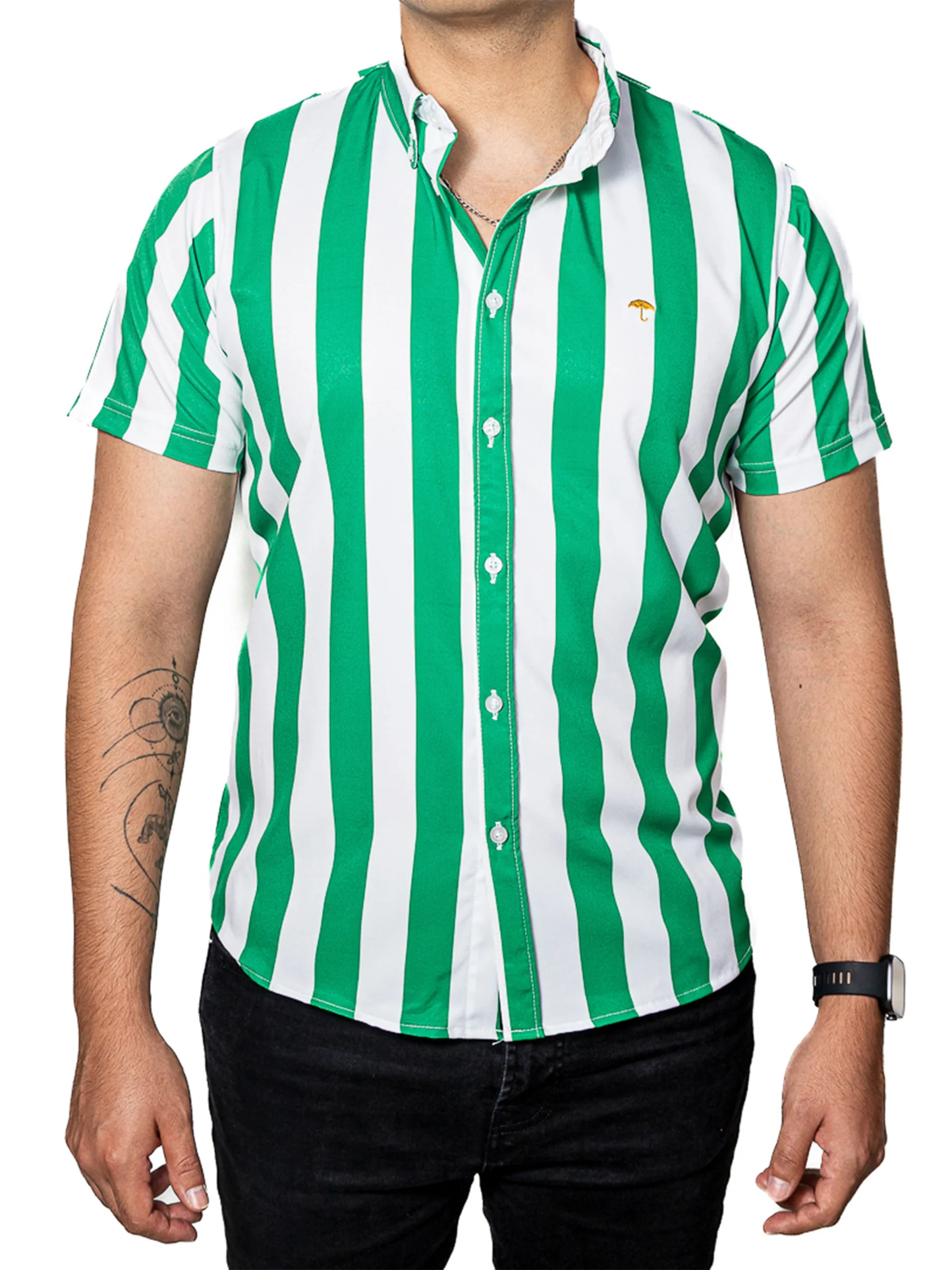 CAMISA HOMBRE CASUAL MANGA CORTA RAYAS VERDES, BLANCAS