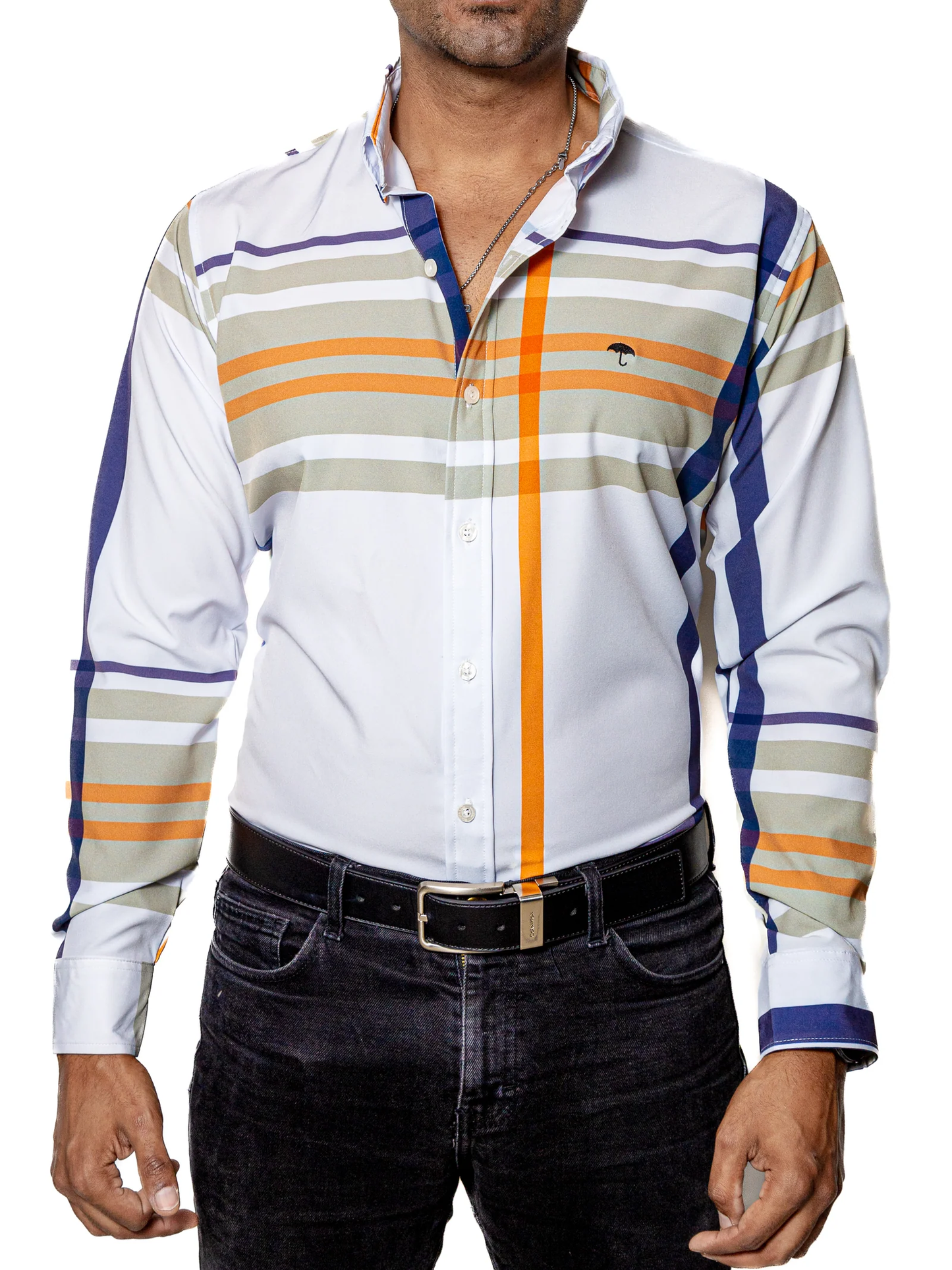 CAMISA HOMBRE CASUAL BLANCA RAYAS AMARILLAS, BEIGE, MARINO