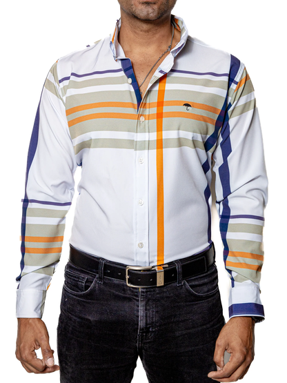 CAMISA HOMBRE CASUAL BLANCA RAYAS AMARILLAS, BEIGE, MARINO