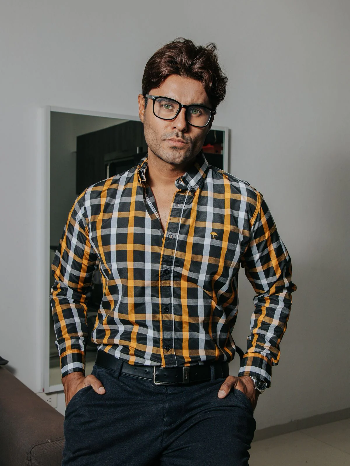 CAMISA HOMBRE SLIM FIT CUADROS BLANCO NARANJA NEGRO