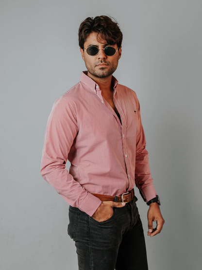 CAMISA HOMBRE SLIM FIT, MICROCUADRO ROJO
