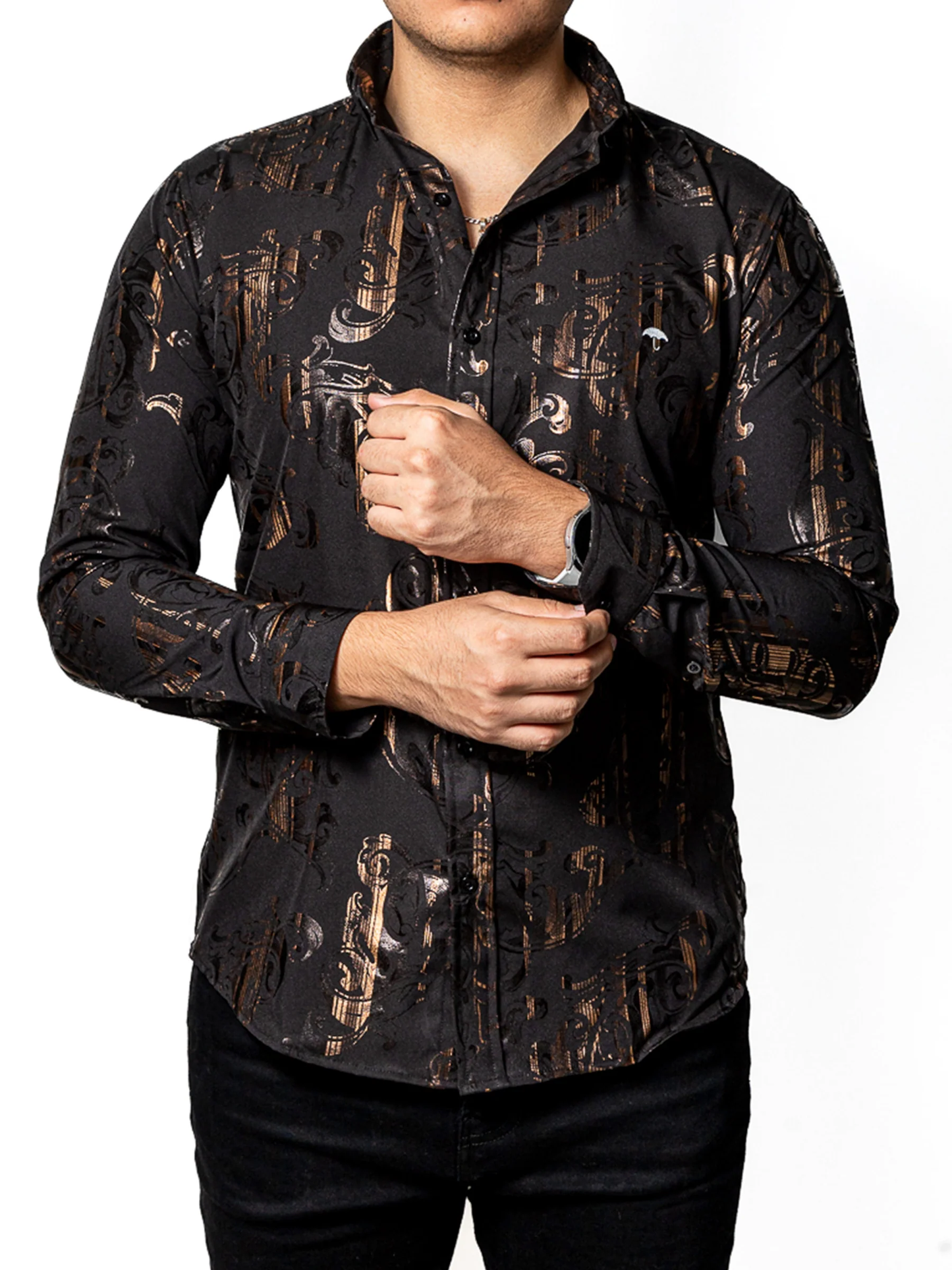 CAMISA HOMBRE CASUAL SLIM FIT NEGRA FIGURAS BRONCE TORNASOL