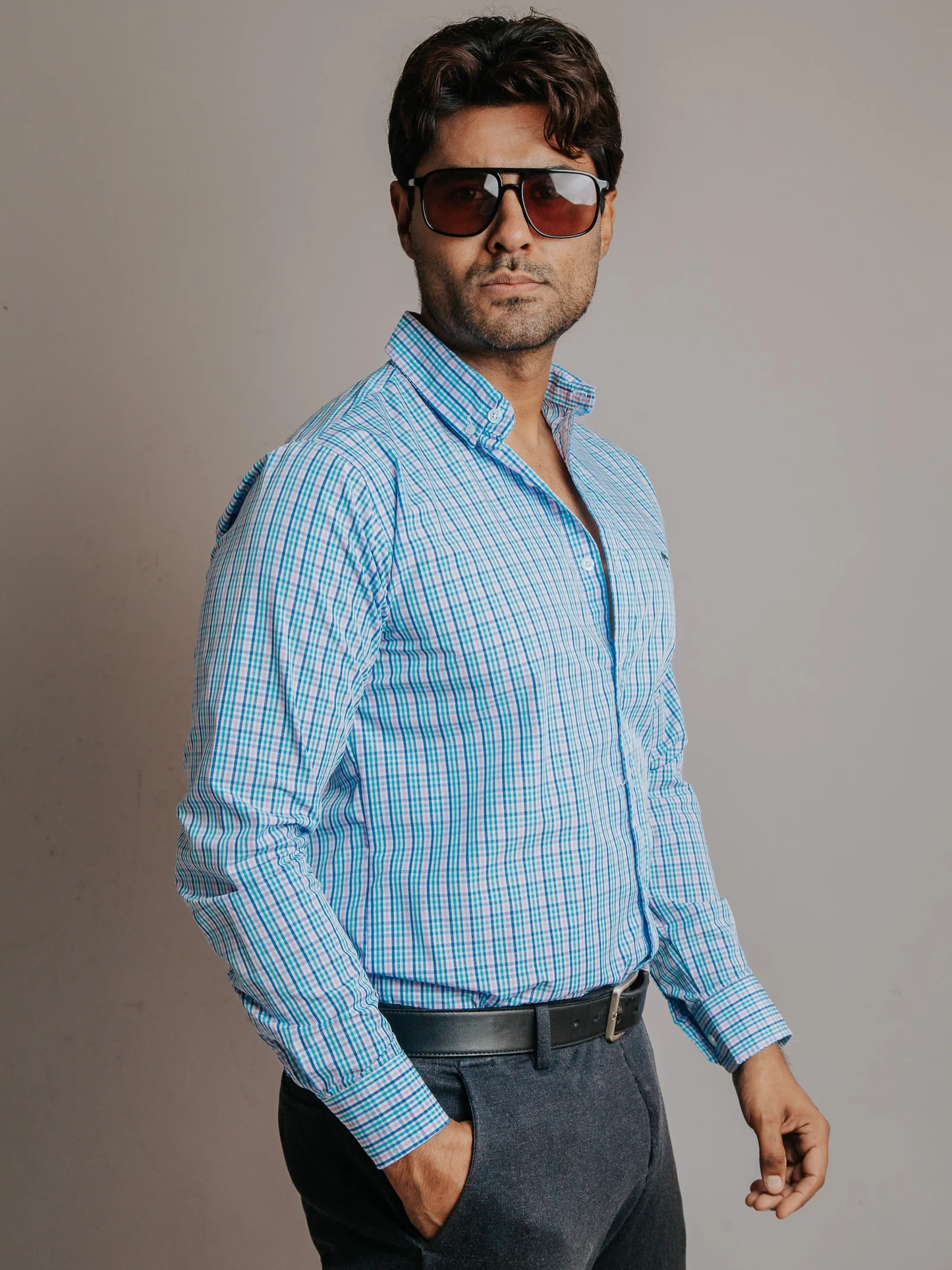 CAMISA HOMBRE SLIM FIT, MICROCUADRO ROSA TURQUESA Y AZUL