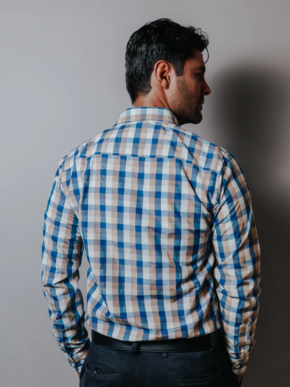 CAMISA SLIM FIT HOMBRE, BLANCA CUADROS AZUL Y ARENA