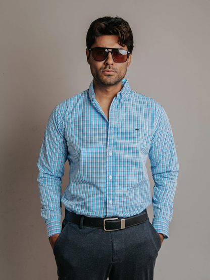 CAMISA HOMBRE SLIM FIT, MICROCUADRO ROSA TURQUESA Y AZUL