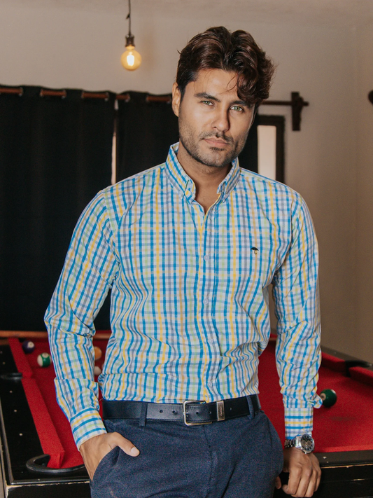 CAMISA HOMBRE SLIM FIT CUADROS PASTEL AMARILLO VERDE Y AZUL