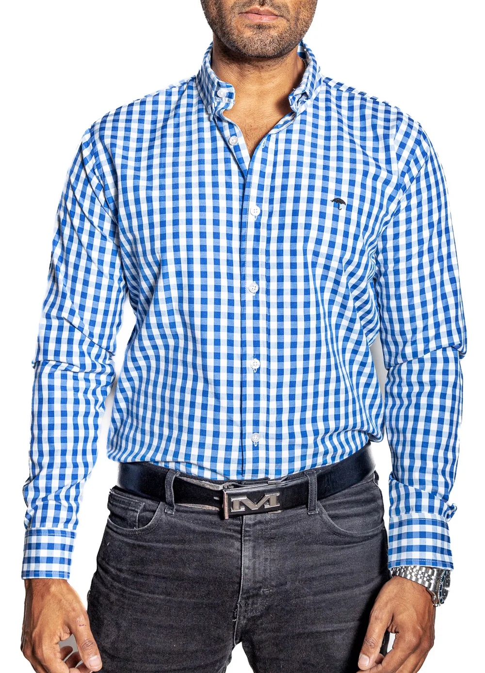 CAMISA HOMBRE CASUAL CUADROS AZUL ACERO, BLANCOS