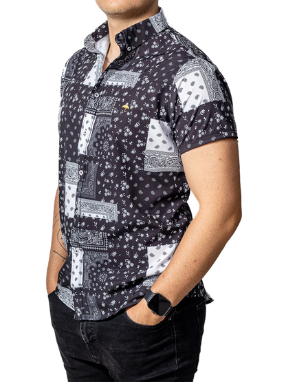 CAMISA HOMBRE CASUAL MANGA CORTA NEGRA CUADROS BLANCOS