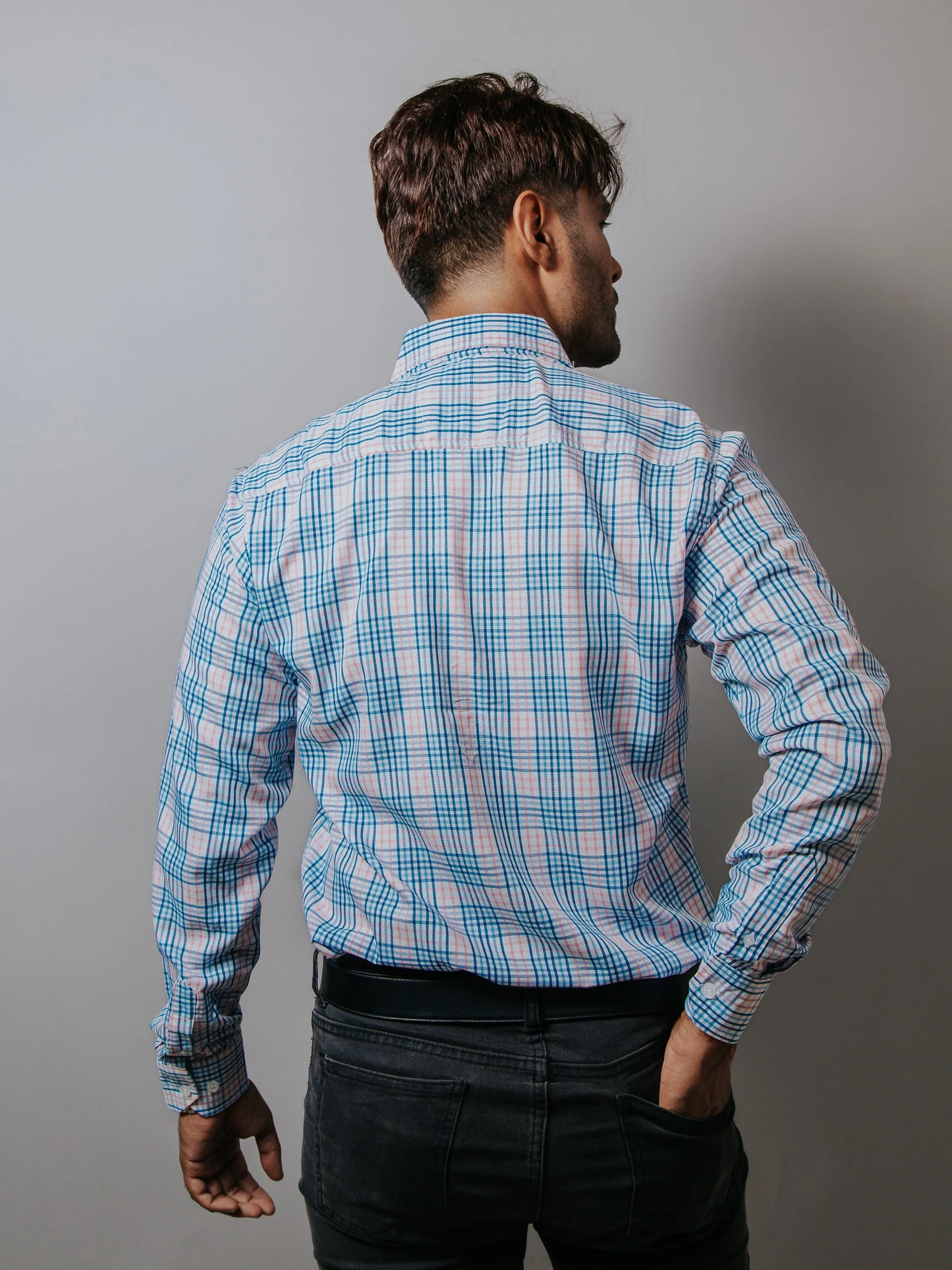 CAMISA HOMBRE SLIM FIT, CUADROS AZULES, GRISES