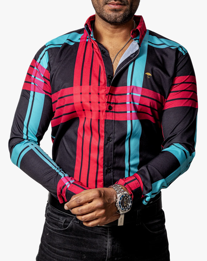 CAMISA CASUAL HOMBRE, NEGRA LÍNEAS ROSA Y AZUL TURQUEZA