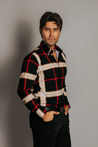 CAMISA HOMBRE SLIM FIT, CUADROS BEIGE ROJO Y BLANCO