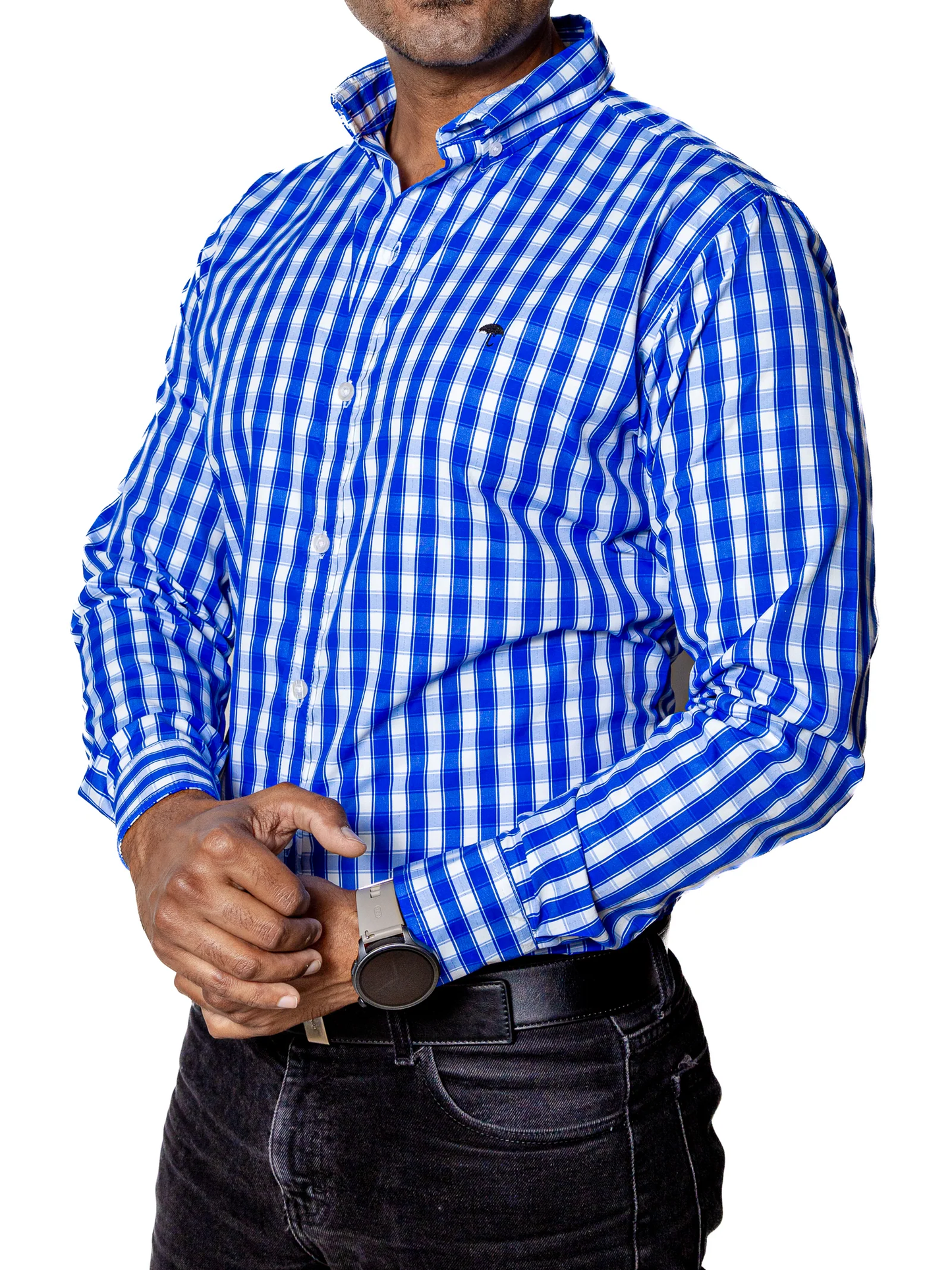 CAMISA HOMBRE CASUAL CUADROS AZUL CLARO, BLANCOS