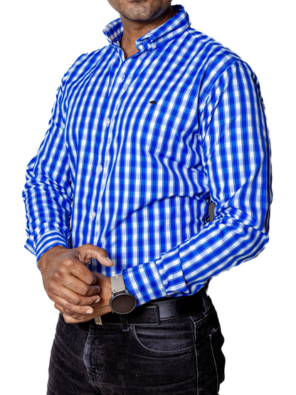CAMISA HOMBRE CASUAL CUADROS AZUL CLARO, BLANCOS