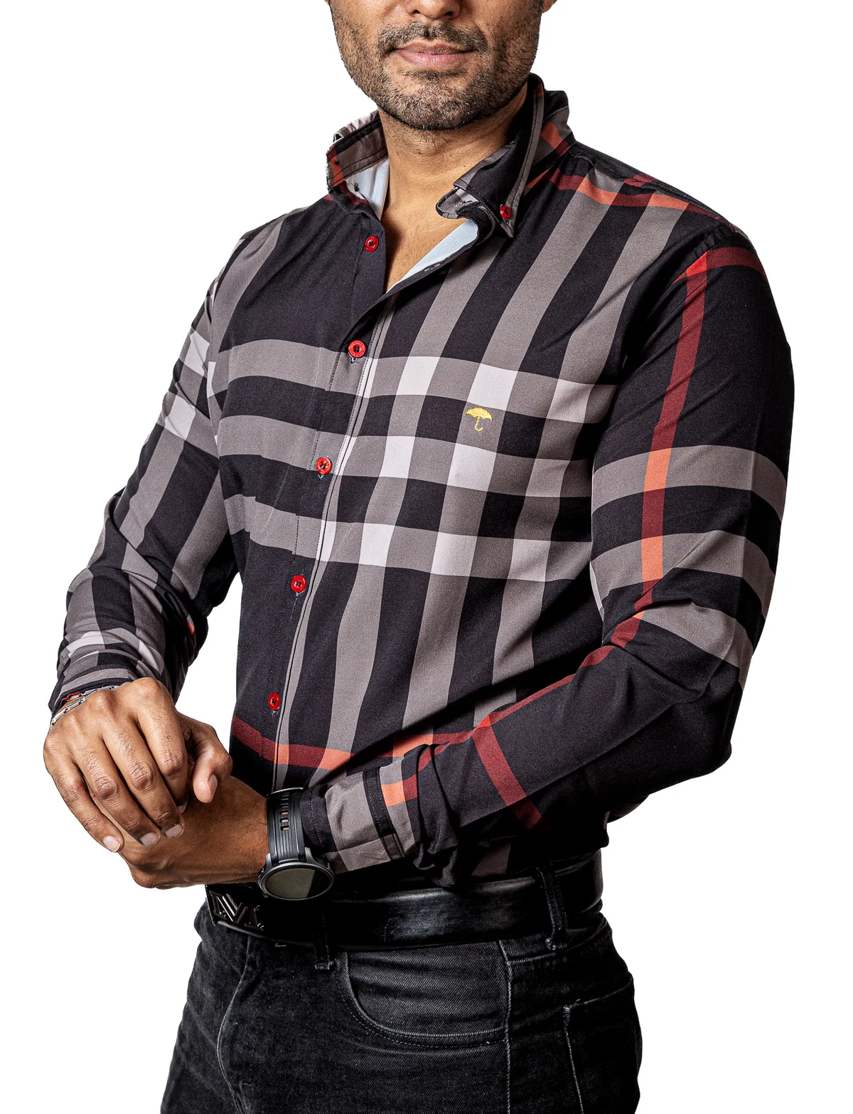 CAMISA HOMBRE CASUAL NEGRA RAYAS GRIS, ROJAS