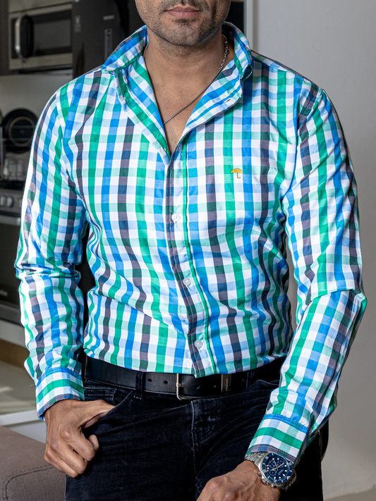 CAMISA CASUAL HOMBRE, FRANJAS VERDE, GRIS Y AZUL