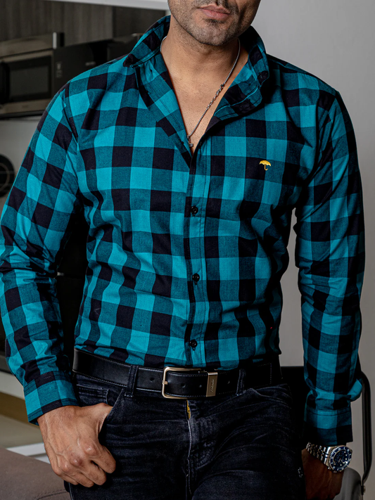 CAMISA CASUAL HOMBRE, CUADROS VERDE ESMERALDA Y NEGRO