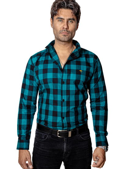 CAMISA CASUAL HOMBRE, CUADROS VERDE ESMERALDA Y NEGRO