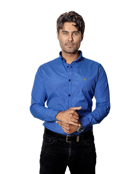 CAMISA CASUAL HOMBRE ,MICRO CUADRO AZUL REY