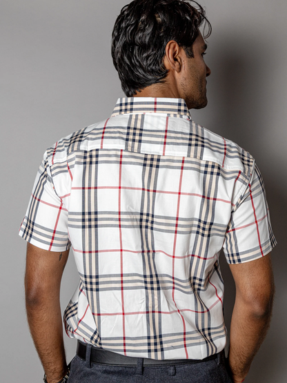 CAMISA HOMBRE CASUAL BLANCA LINEAS CAFE, AZUL Y ROJO
