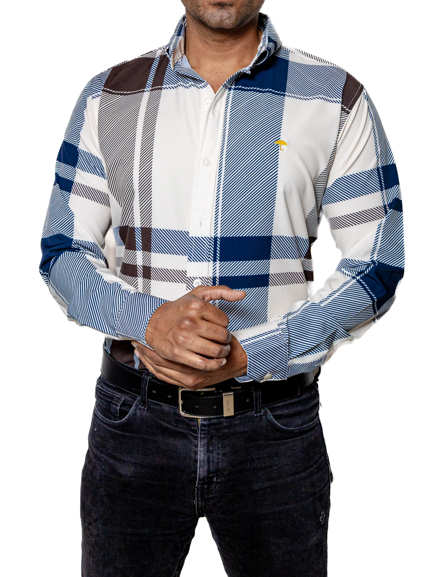CAMISA HOMBRE CASUAL CUADROS BLANCOS, AZUL, MARRÓN