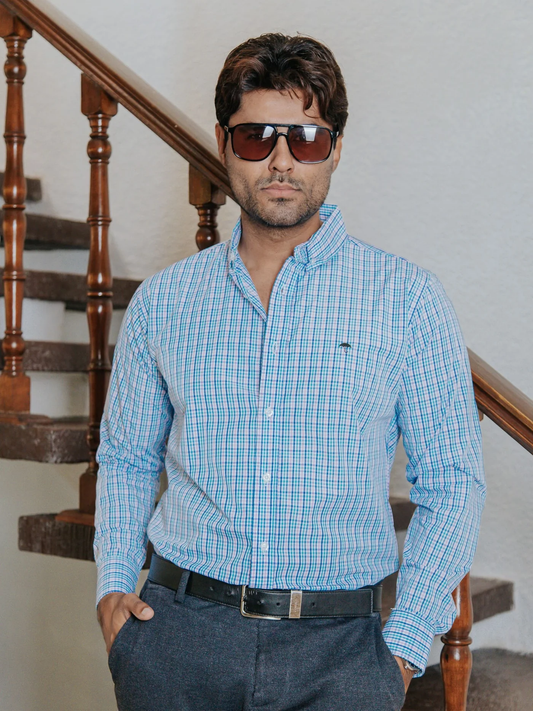 CAMISA HOMBRE SLIM FIT, MICROCUADRO ROSA TURQUESA Y AZUL