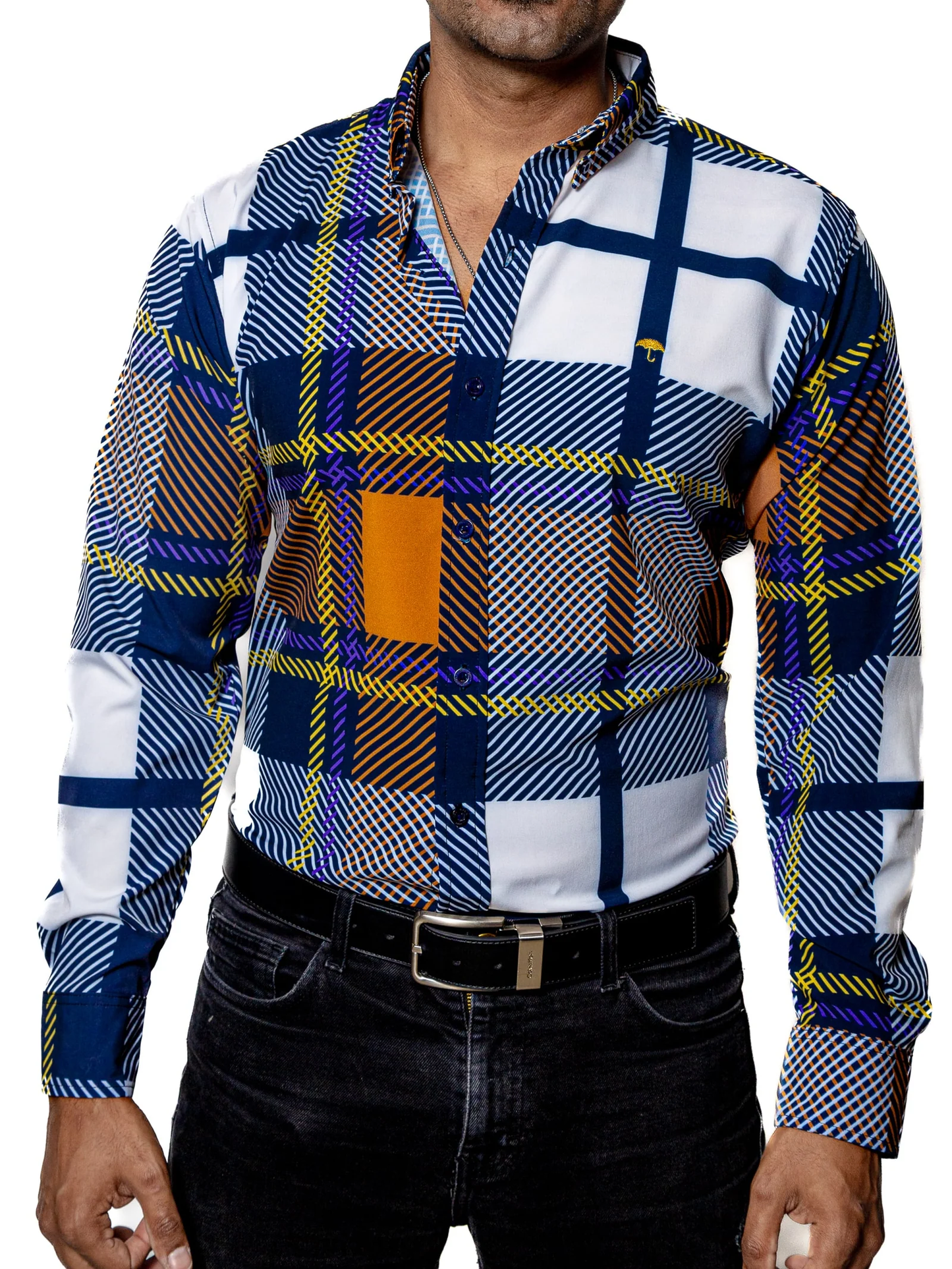 CAMISA HOMBRE CASUAL CUADROS MARINO, BLANCO, NARANJA