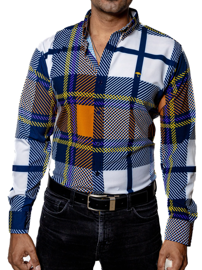 CAMISA HOMBRE CASUAL CUADROS MARINO, BLANCO, NARANJA