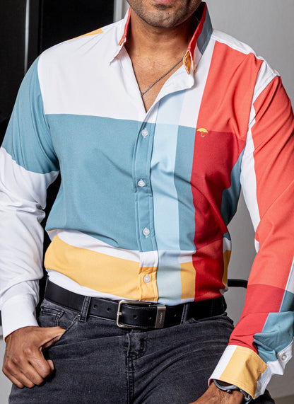 CAMISA HOMBRE SLIM FIT, BLANCO CUADROS ROJO,NARANJA,AZUL
