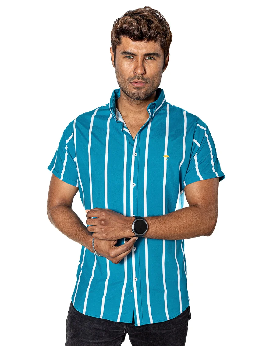 CAMISA HOMBRE CASUAL SLIM FIT VERDE TURQUESA LINEAS BLANCAS