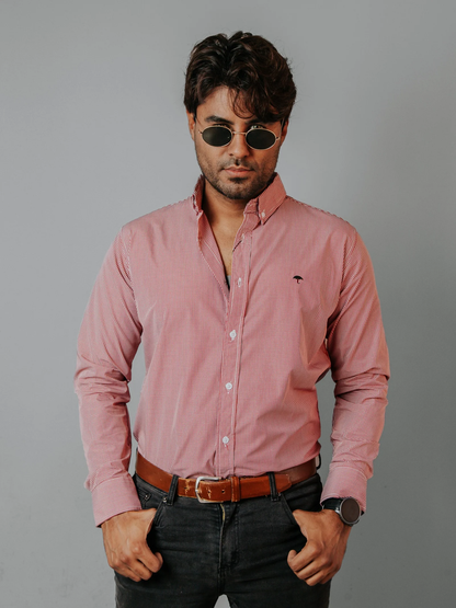 CAMISA HOMBRE SLIM FIT, MICROCUADRO ROJO