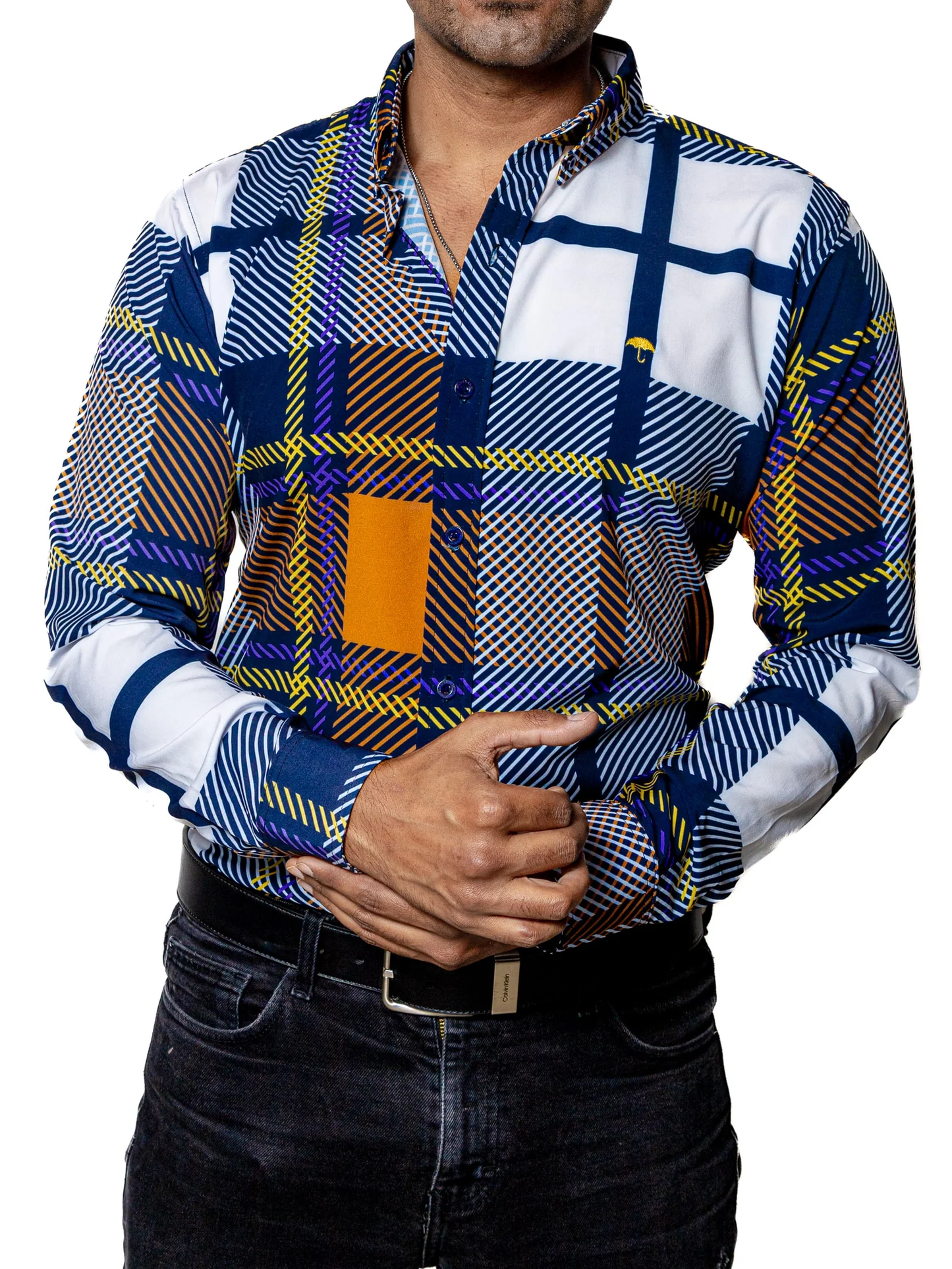 CAMISA HOMBRE CASUAL CUADROS MARINO, BLANCO, NARANJA