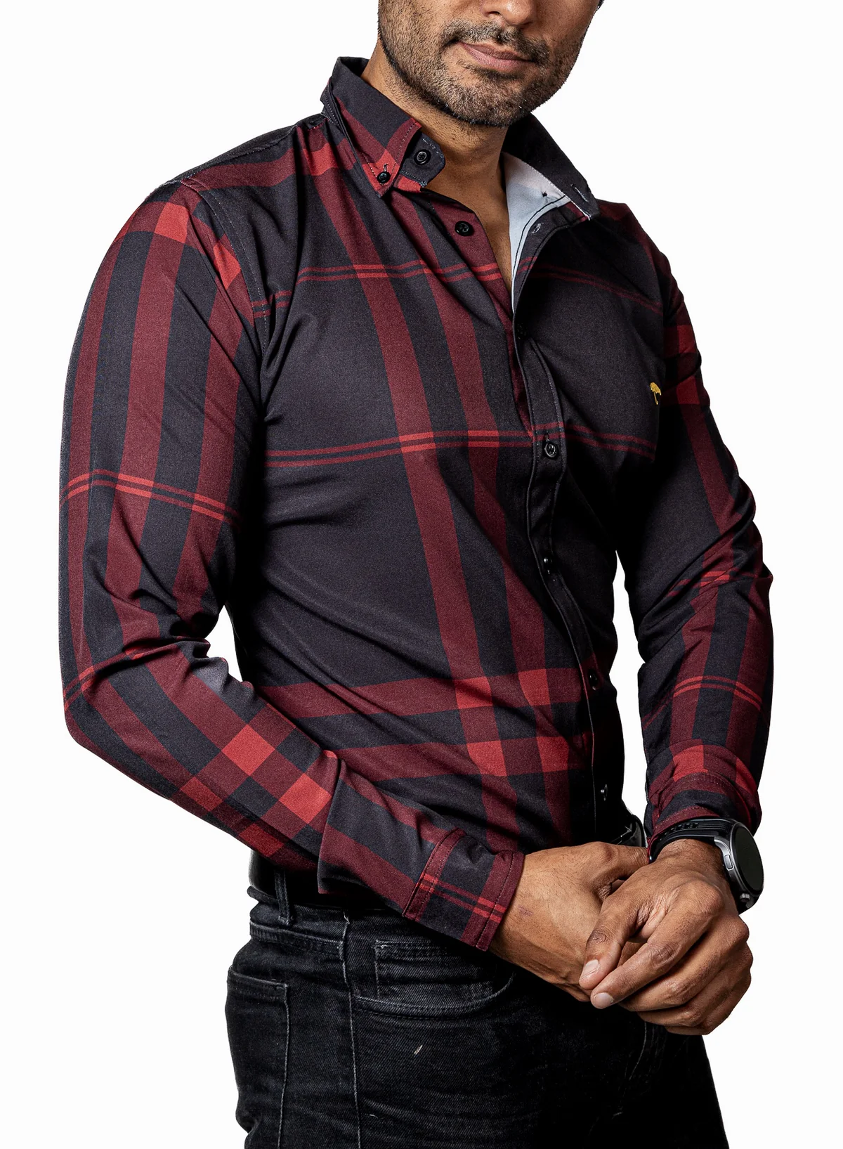 CAMISA HOMBRE CASUAL NEGRO RAYAS ROJAS