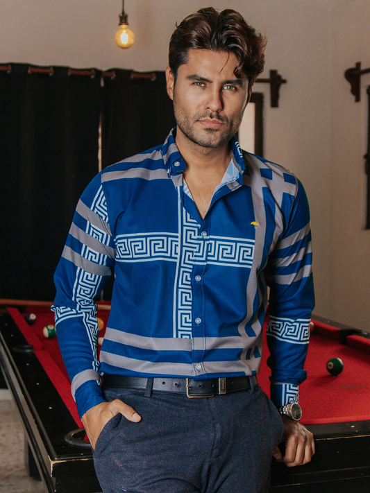 CAMISA HOMBRE SLIM FIT AZUL DETALLE GRIEGO BLANCO LÍNEAS GRIS