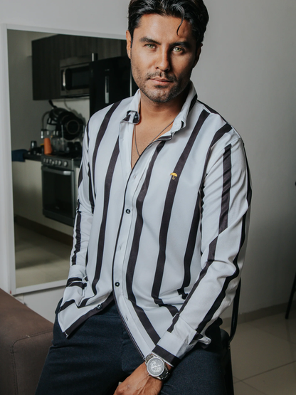 CAMISA HOMBRE CASUAL BLANCA RAYAS NEGRAS